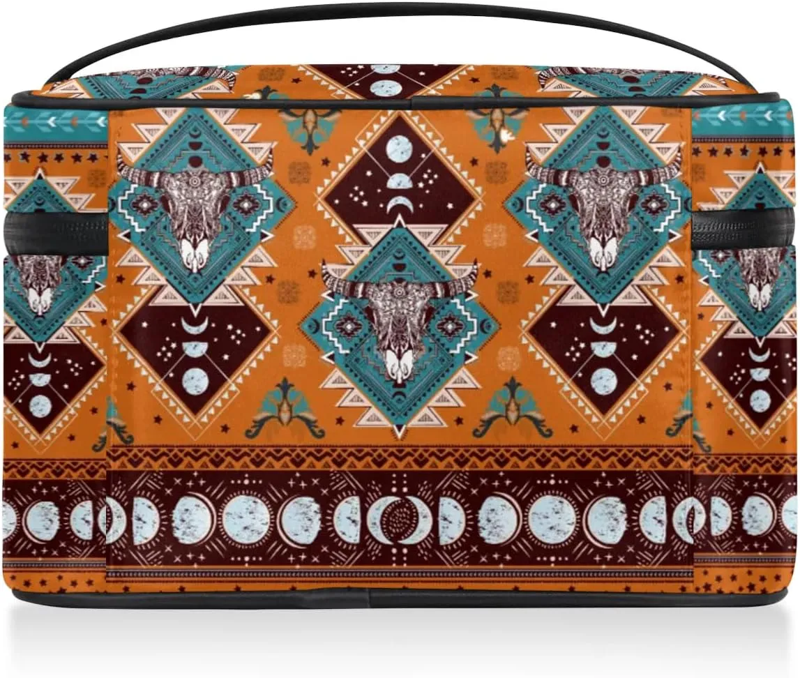 Makeup Travel Bag Organizer Toiletry Bag for Women Portable Cosmetic Storage Case with Handle, Large Capacity Lightweight Toiletries Brush Zipper Bag - Ethnic Totem