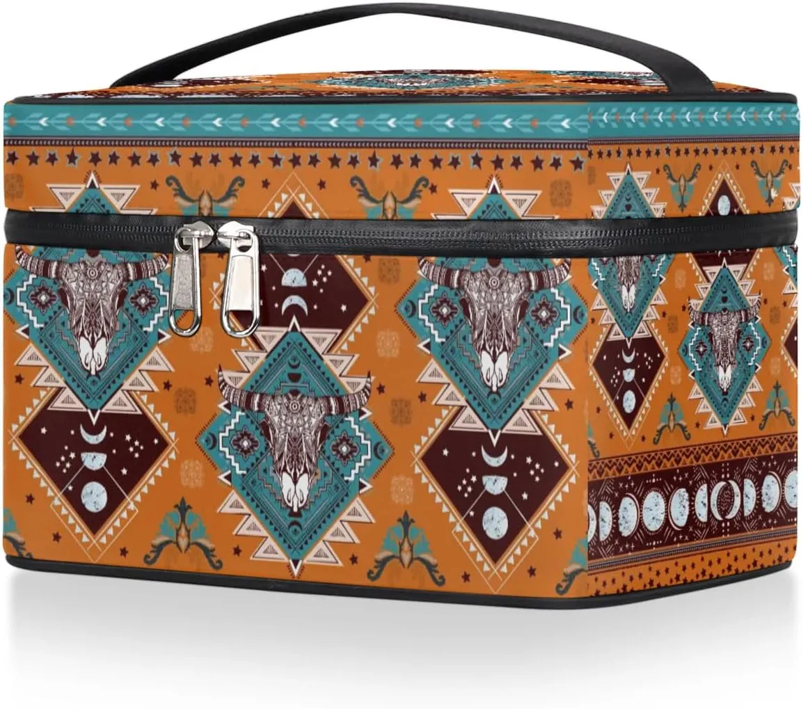 Makeup Travel Bag Organizer Toiletry Bag for Women Portable Cosmetic Storage Case with Handle, Large Capacity Lightweight Toiletries Brush Zipper Bag - Ethnic Totem