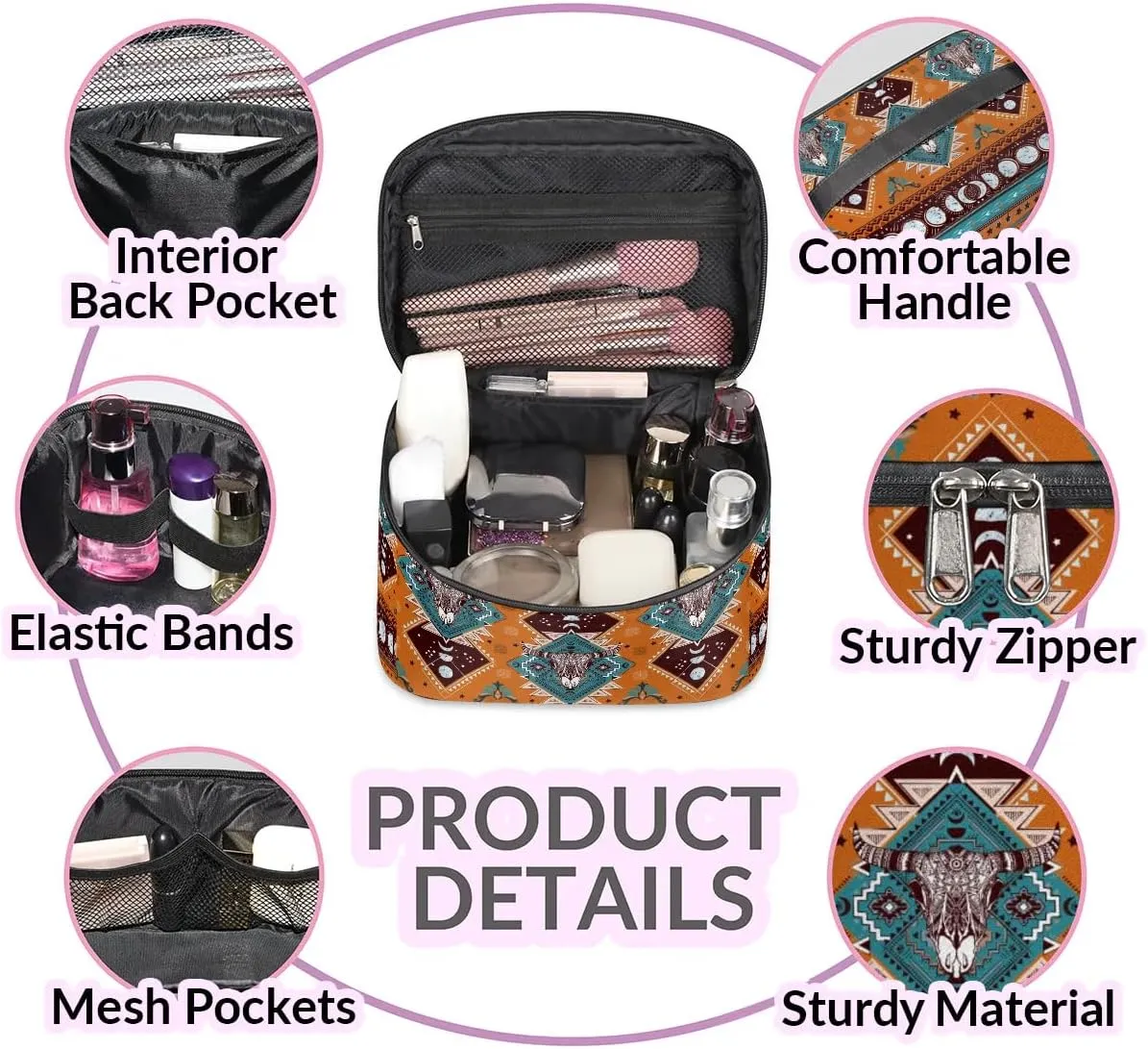 Makeup Travel Bag Organizer Toiletry Bag for Women Portable Cosmetic Storage Case with Handle, Large Capacity Lightweight Toiletries Brush Zipper Bag - Ethnic Totem