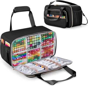 Marker Organizer Case Holding up to 216 Markers, Marker Storage Carrying Bag, Large Marker Holder with Shoulder Strap, Black