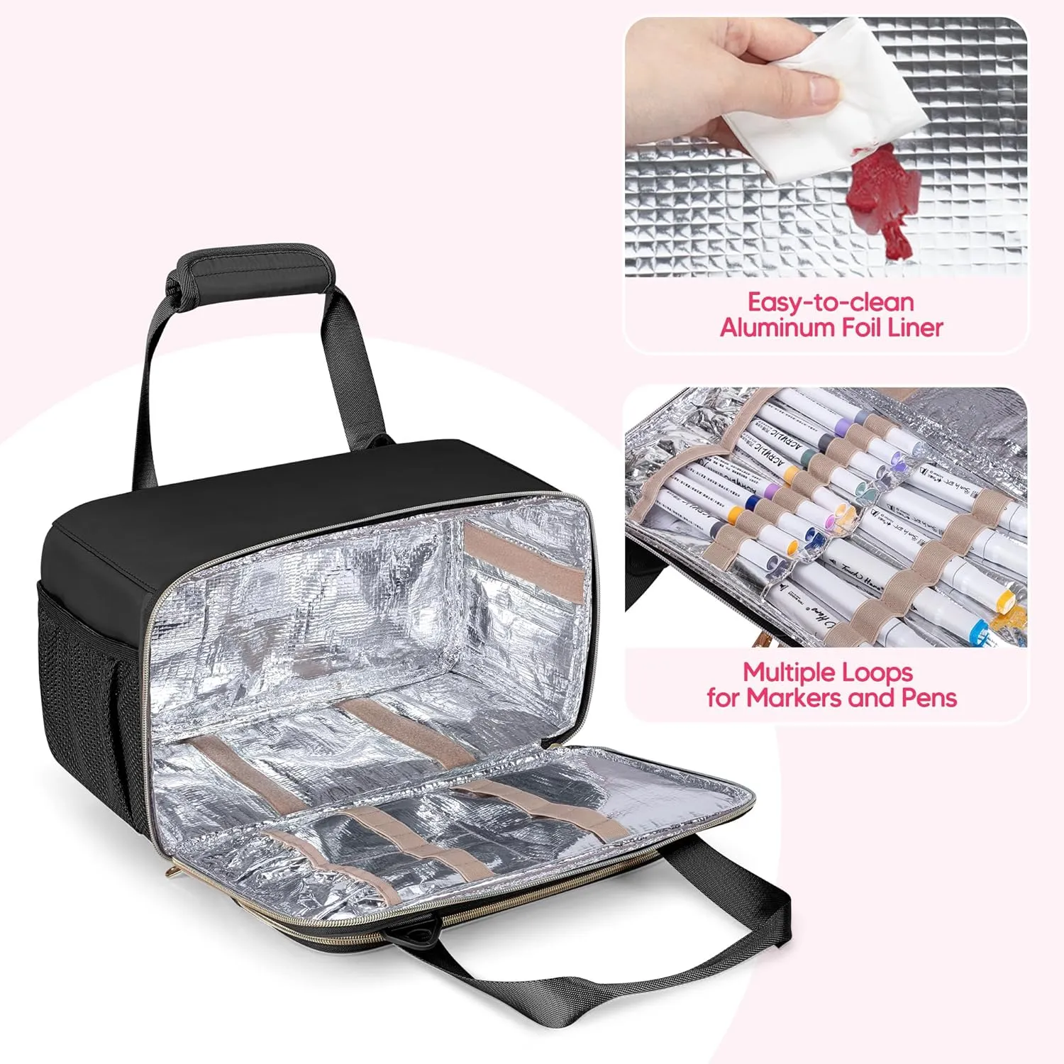 Marker Organizer Case Holding up to 216 Markers, Marker Storage Carrying Bag, Large Marker Holder with Shoulder Strap, Black