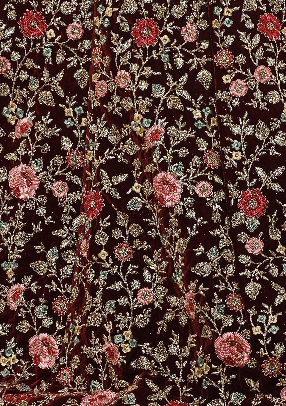 Maroon Floral Jaal Velvet Semi Stitched Lehenga