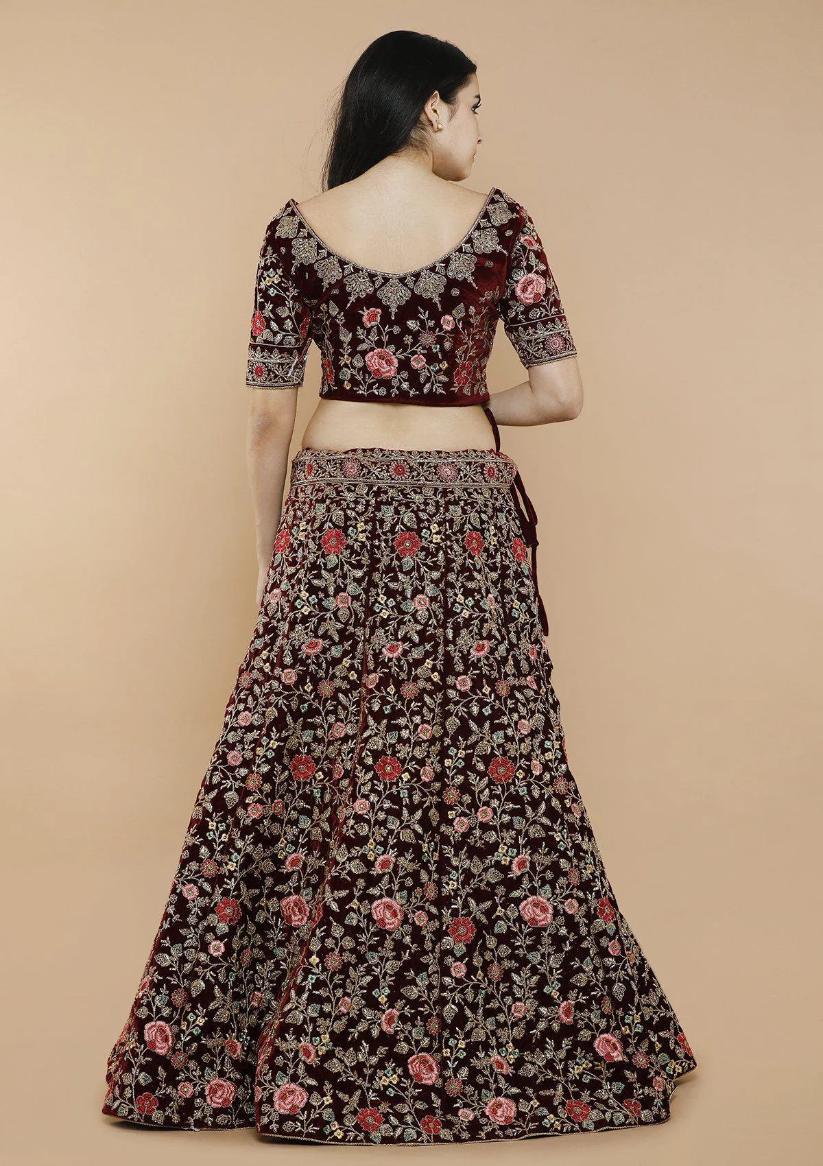 Maroon Floral Jaal Velvet Semi Stitched Lehenga