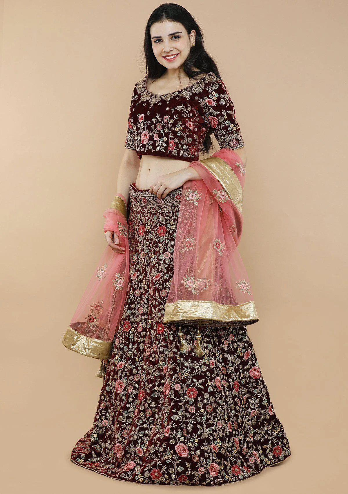Maroon Floral Jaal Velvet Semi Stitched Lehenga