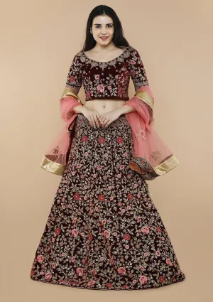 Maroon Floral Jaal Velvet Semi Stitched Lehenga