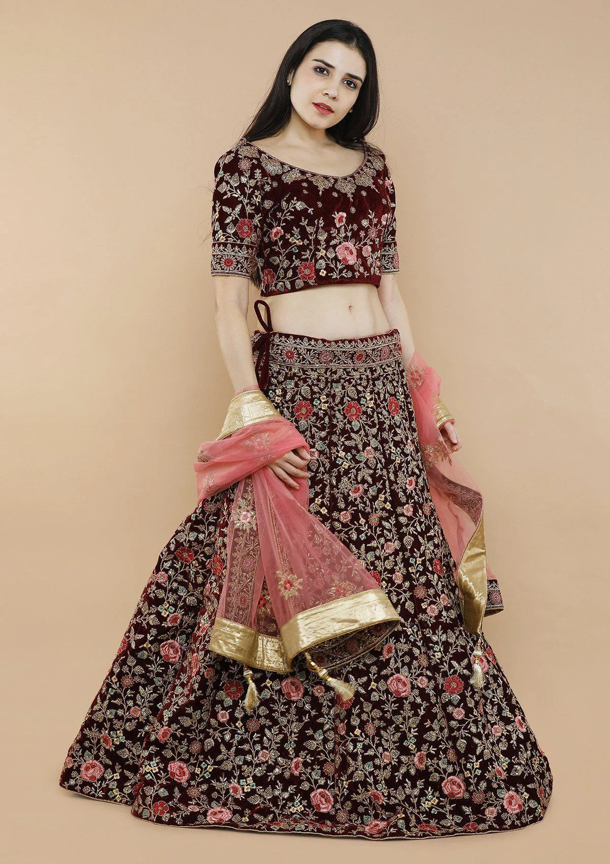 Maroon Floral Jaal Velvet Semi Stitched Lehenga