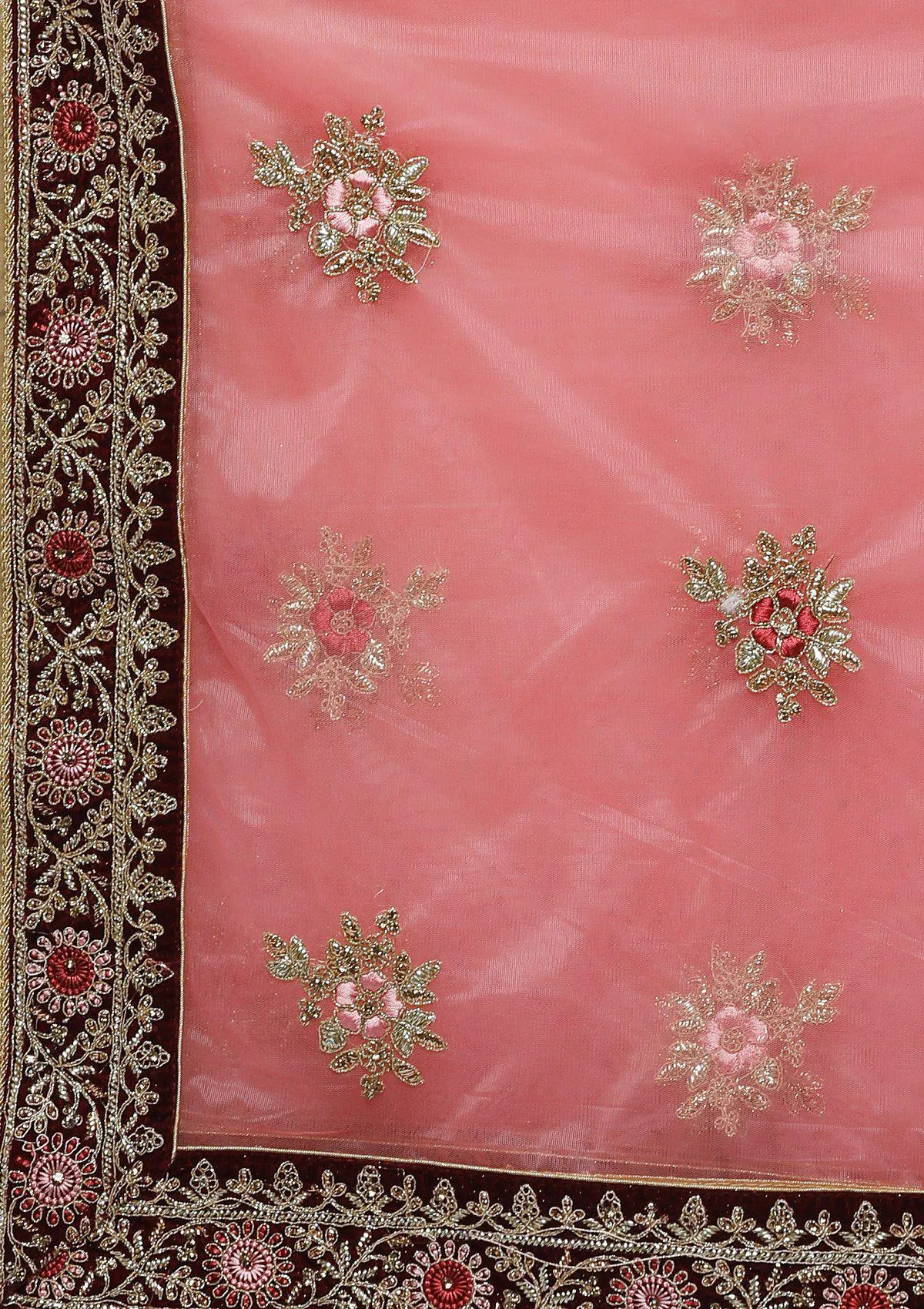 Maroon Floral Jaal Velvet Semi Stitched Lehenga