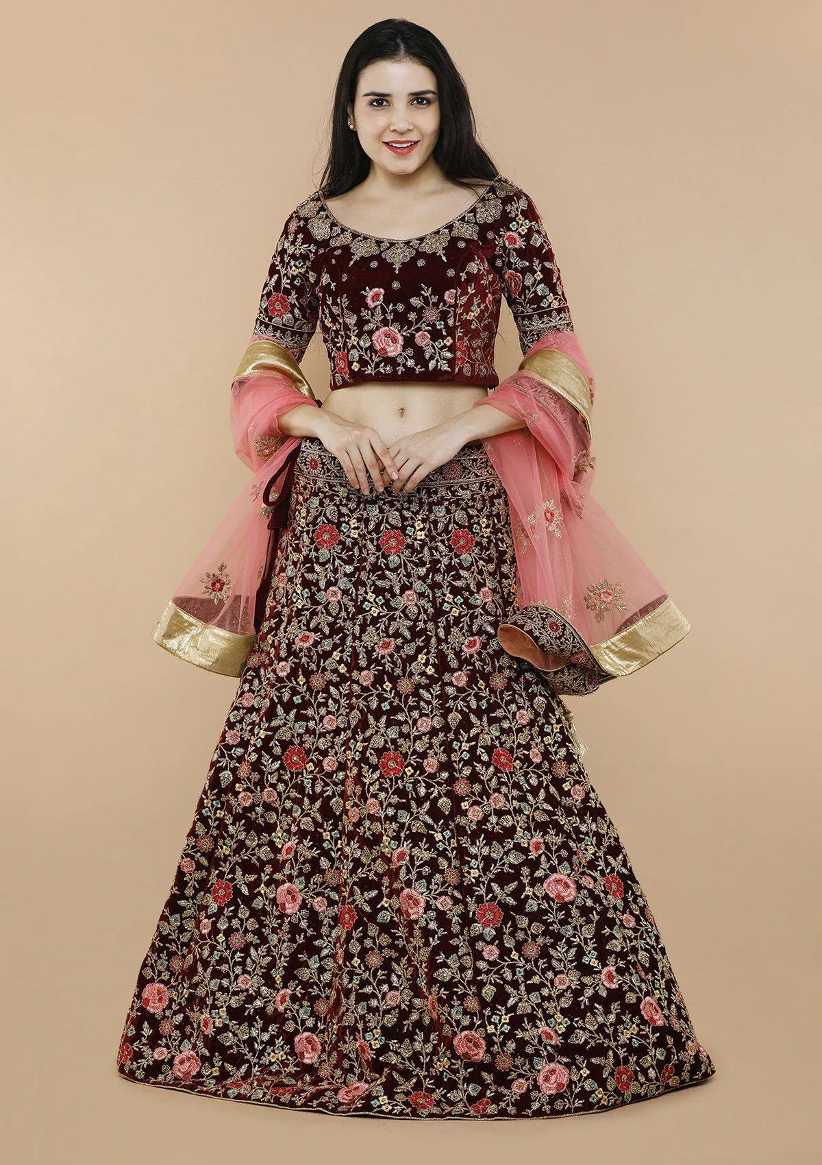 Maroon Floral Jaal Velvet Semi Stitched Lehenga