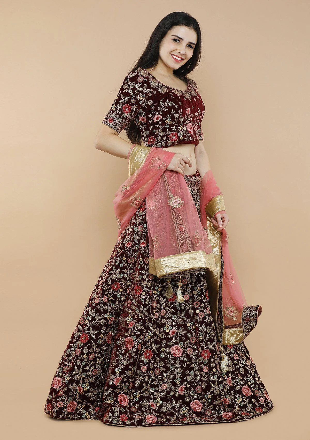 Maroon Floral Jaal Velvet Semi Stitched Lehenga