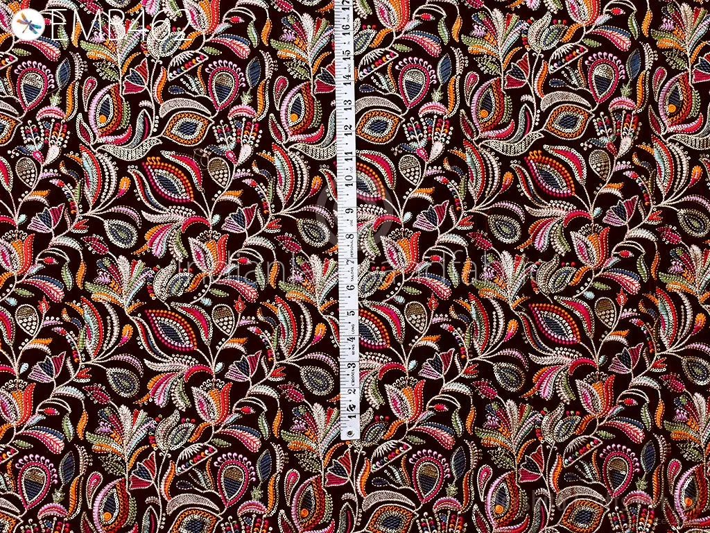 Maroon Indian Embroidered Velvet Fabric by the yard Sewing DIY Crafting Wedding Dress Costumes Doll Bag Cushion Covers Table Runner Quilting