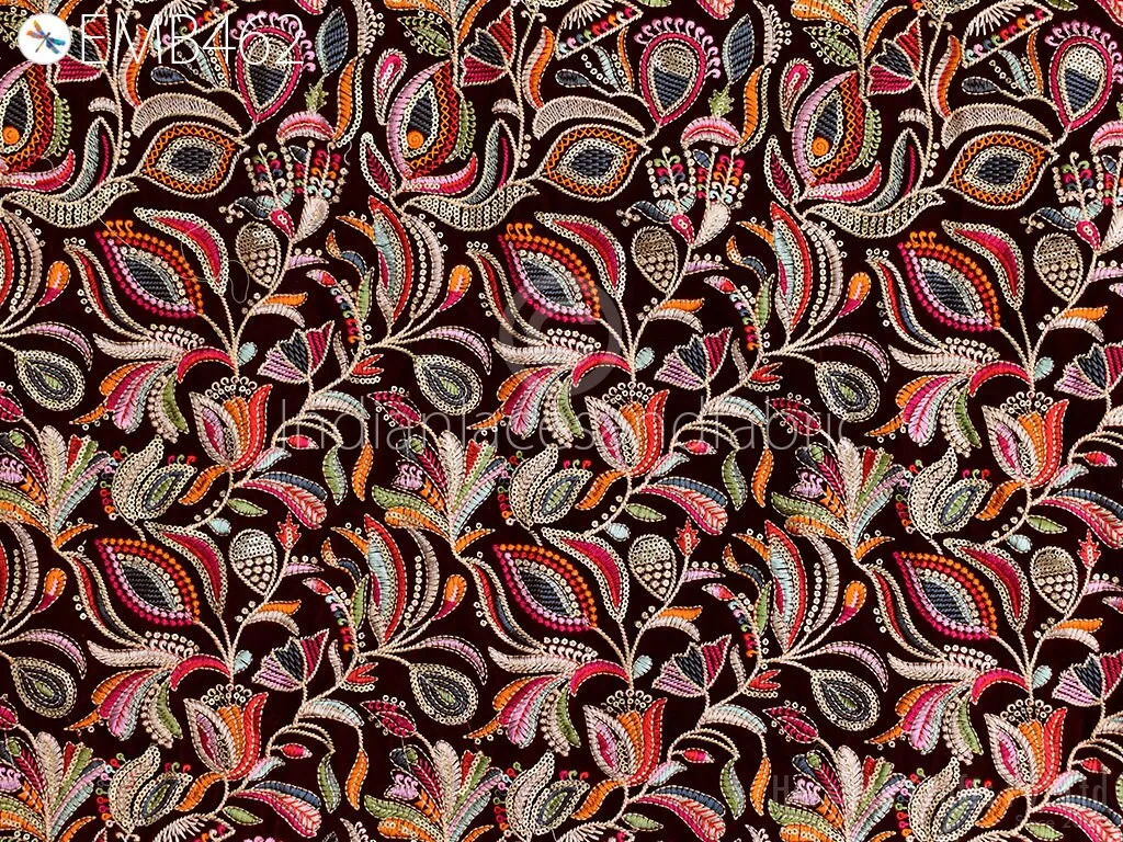 Maroon Indian Embroidered Velvet Fabric by the yard Sewing DIY Crafting Wedding Dress Costumes Doll Bag Cushion Covers Table Runner Quilting