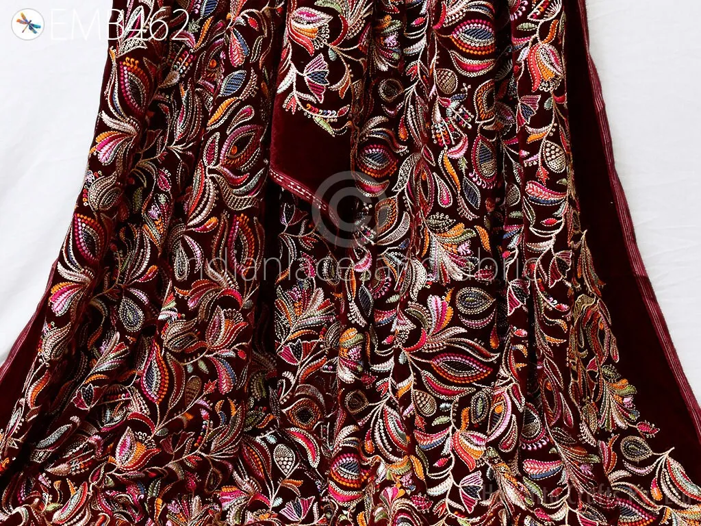 Maroon Indian Embroidered Velvet Fabric by the yard Sewing DIY Crafting Wedding Dress Costumes Doll Bag Cushion Covers Table Runner Quilting