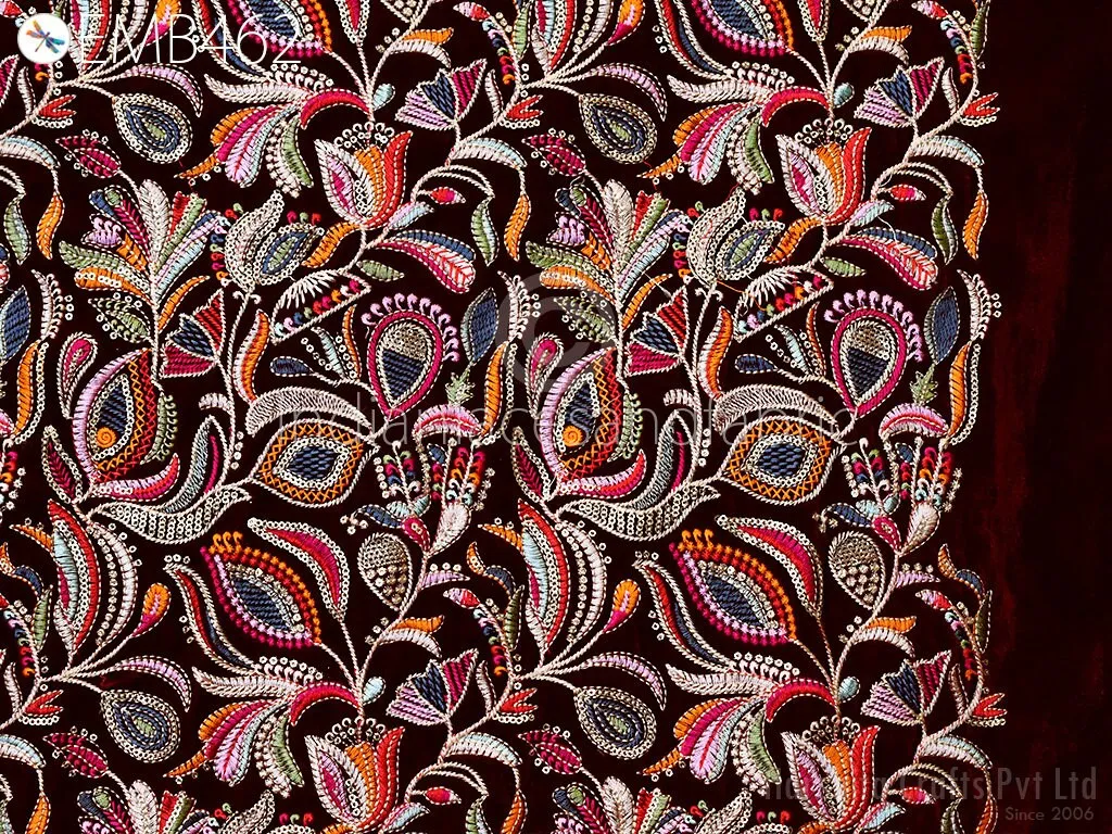 Maroon Indian Embroidered Velvet Fabric by the yard Sewing DIY Crafting Wedding Dress Costumes Doll Bag Cushion Covers Table Runner Quilting