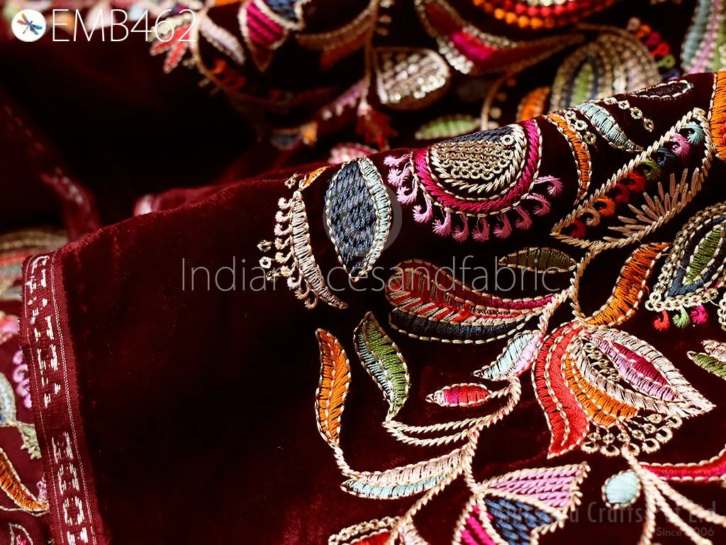 Maroon Indian Embroidered Velvet Fabric by the yard Sewing DIY Crafting Wedding Dress Costumes Doll Bag Cushion Covers Table Runner Quilting