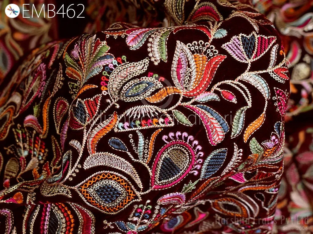 Maroon Indian Embroidered Velvet Fabric by the yard Sewing DIY Crafting Wedding Dress Costumes Doll Bag Cushion Covers Table Runner Quilting