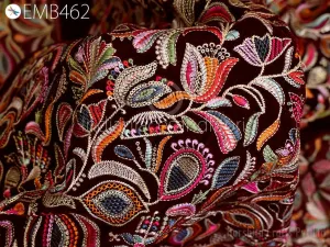 Maroon Indian Embroidered Velvet Fabric by the yard Sewing DIY Crafting Wedding Dress Costumes Doll Bag Cushion Covers Table Runner Quilting