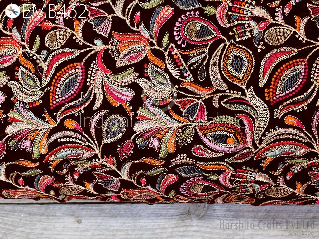 Maroon Indian Embroidered Velvet Fabric by the yard Sewing DIY Crafting Wedding Dress Costumes Doll Bag Cushion Covers Table Runner Quilting