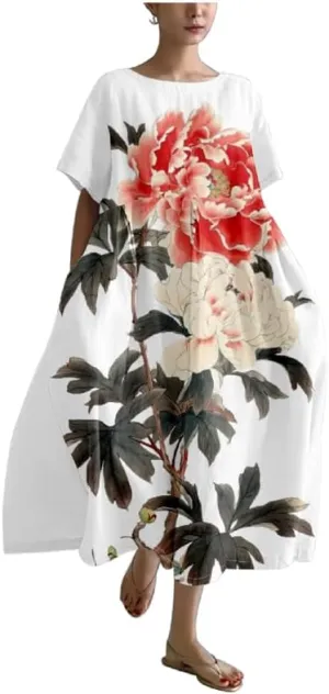 MARSVOVO Boho Maxi Dress for Women 2024 Summer Retro Rose Print Oversized Short Sleeve Western Art Painting Style Dress