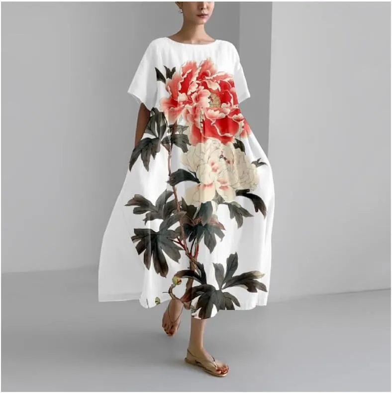 MARSVOVO Boho Maxi Dress for Women 2024 Summer Retro Rose Print Oversized Short Sleeve Western Art Painting Style Dress