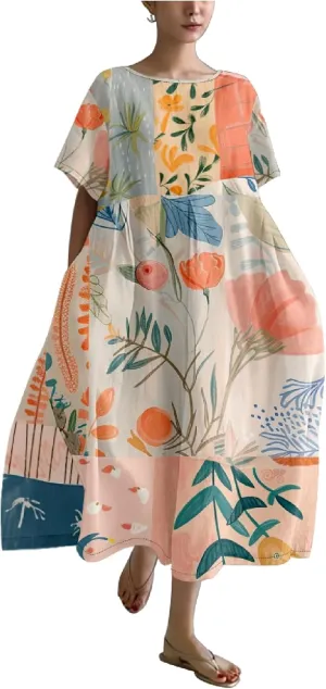 MARSVOVO Japanese Art Dress for Women 2024 Plus Size Vintage Floral Boho Style Loose Fit Linen Blend Flower Dresses