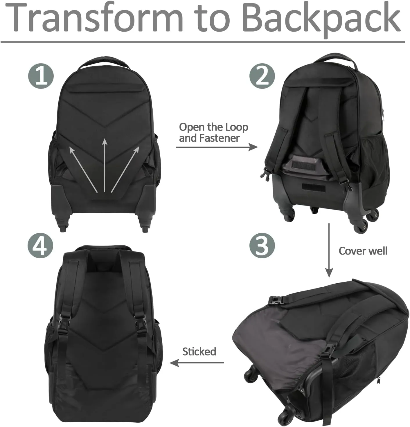 MATEIN Roller Backpack, 18 inch Large Travel Laptop Bag with 4 Wheels for Adults, Heavy Duty Wheeled Suitcase Luggage Pack for Work Business, Rolling Spinner Computer Rucksack for Men Women, Black