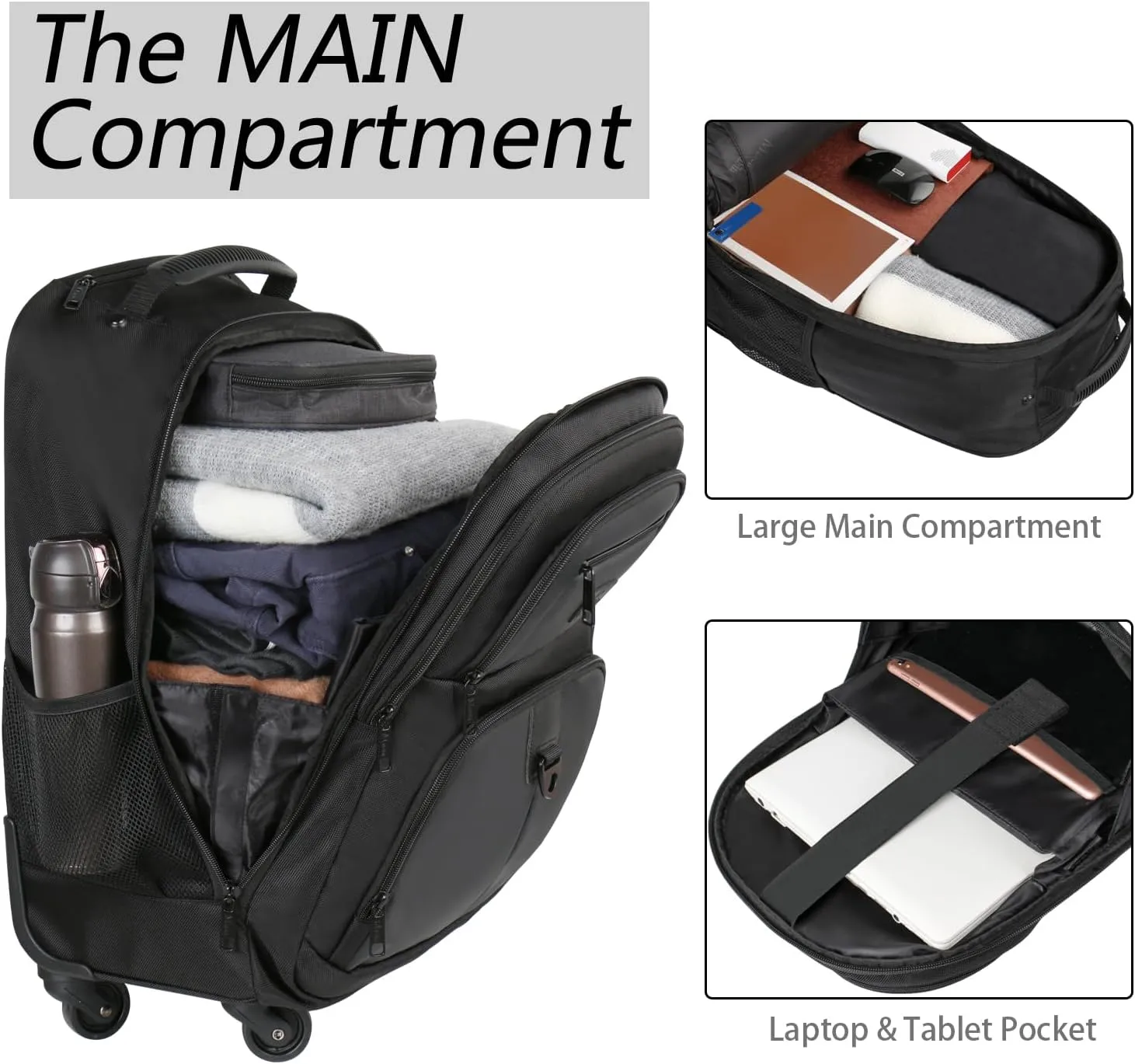 MATEIN Roller Backpack, 18 inch Large Travel Laptop Bag with 4 Wheels for Adults, Heavy Duty Wheeled Suitcase Luggage Pack for Work Business, Rolling Spinner Computer Rucksack for Men Women, Black