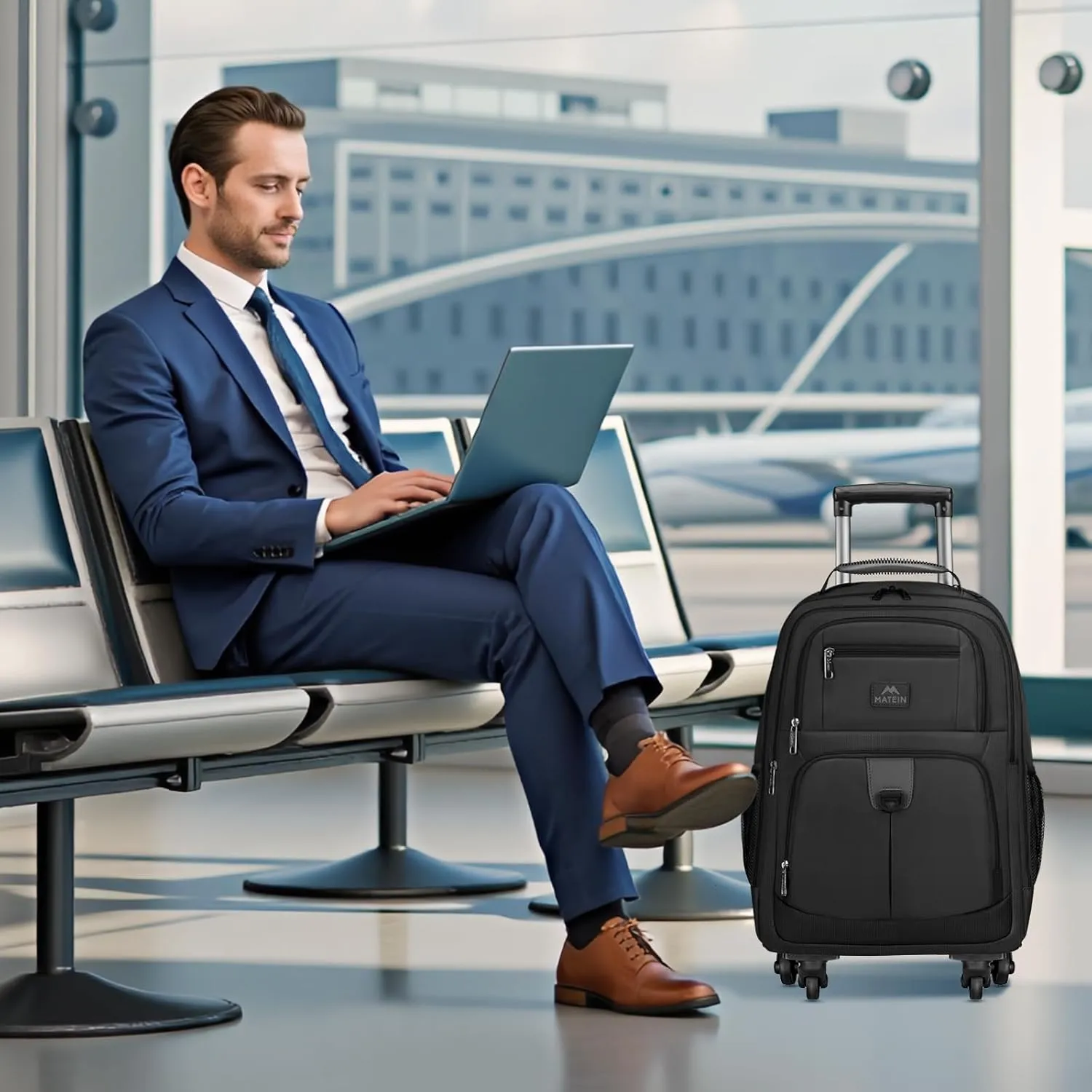 MATEIN Roller Backpack, 18 inch Large Travel Laptop Bag with 4 Wheels for Adults, Heavy Duty Wheeled Suitcase Luggage Pack for Work Business, Rolling Spinner Computer Rucksack for Men Women, Black