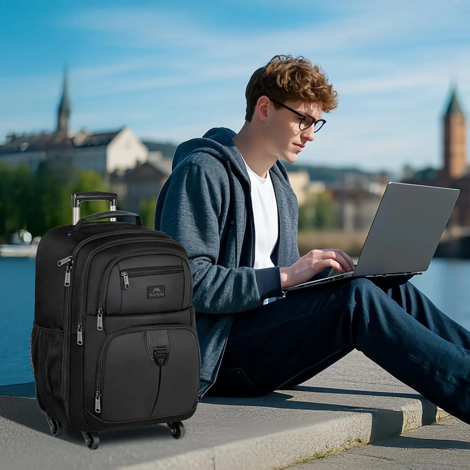 MATEIN Roller Backpack, 18 inch Large Travel Laptop Bag with 4 Wheels for Adults, Heavy Duty Wheeled Suitcase Luggage Pack for Work Business, Rolling Spinner Computer Rucksack for Men Women, Black
