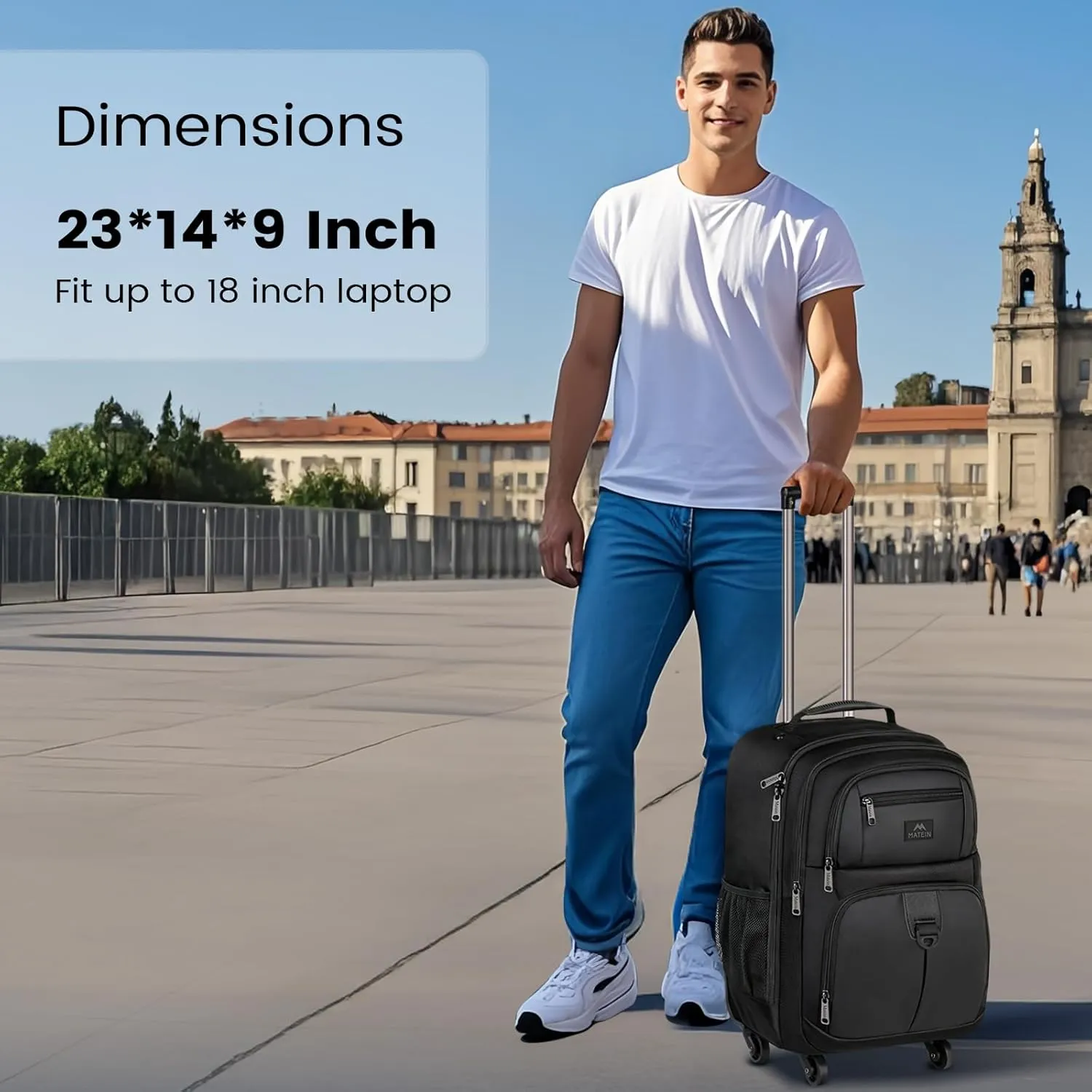 MATEIN Roller Backpack, 18 inch Large Travel Laptop Bag with 4 Wheels for Adults, Heavy Duty Wheeled Suitcase Luggage Pack for Work Business, Rolling Spinner Computer Rucksack for Men Women, Black