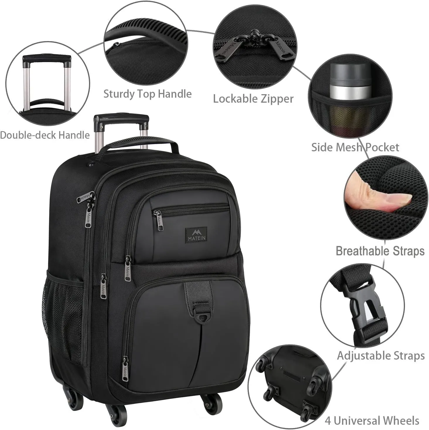 MATEIN Roller Backpack, 18 inch Large Travel Laptop Bag with 4 Wheels for Adults, Heavy Duty Wheeled Suitcase Luggage Pack for Work Business, Rolling Spinner Computer Rucksack for Men Women, Black