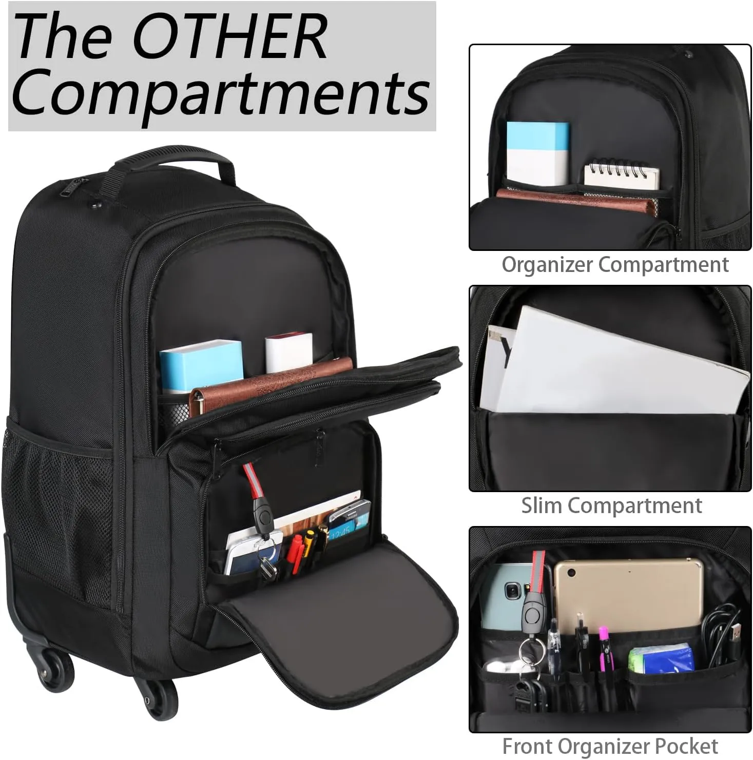 MATEIN Roller Backpack, 18 inch Large Travel Laptop Bag with 4 Wheels for Adults, Heavy Duty Wheeled Suitcase Luggage Pack for Work Business, Rolling Spinner Computer Rucksack for Men Women, Black