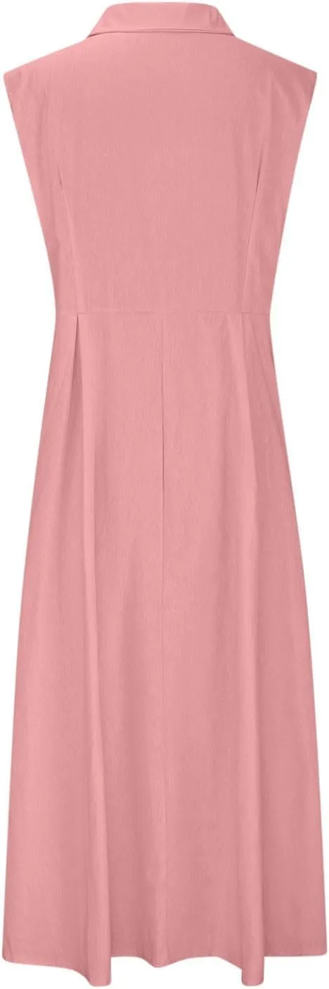 Maxi Dresses for Women 2025 Button Down Cotton Linen Dress Sleeveless Drop Waist Long Vacation Beach Sundresses