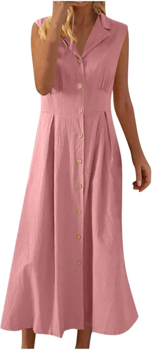 Maxi Dresses for Women 2025 Button Down Cotton Linen Dress Sleeveless Drop Waist Long Vacation Beach Sundresses