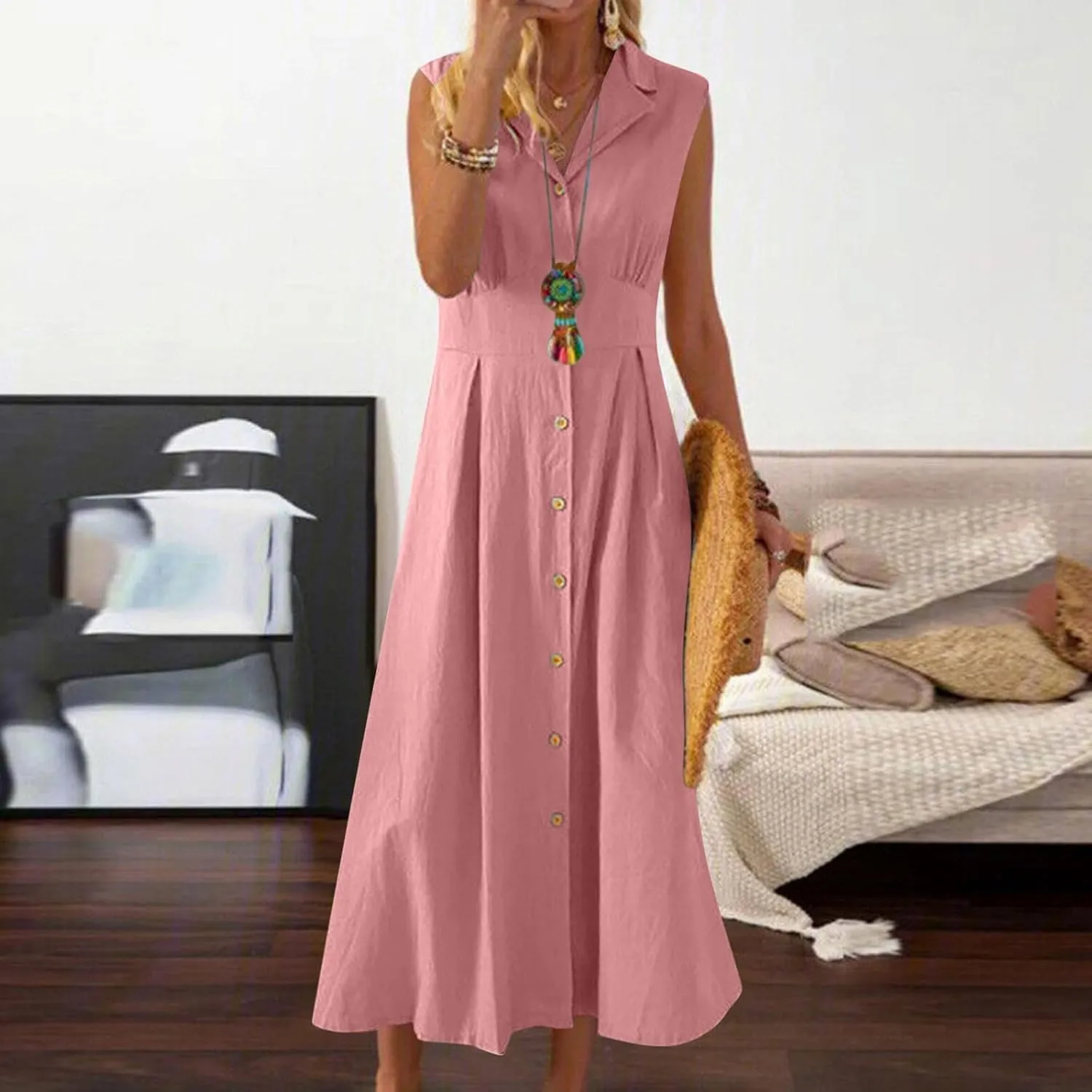 Maxi Dresses for Women 2025 Button Down Cotton Linen Dress Sleeveless Drop Waist Long Vacation Beach Sundresses