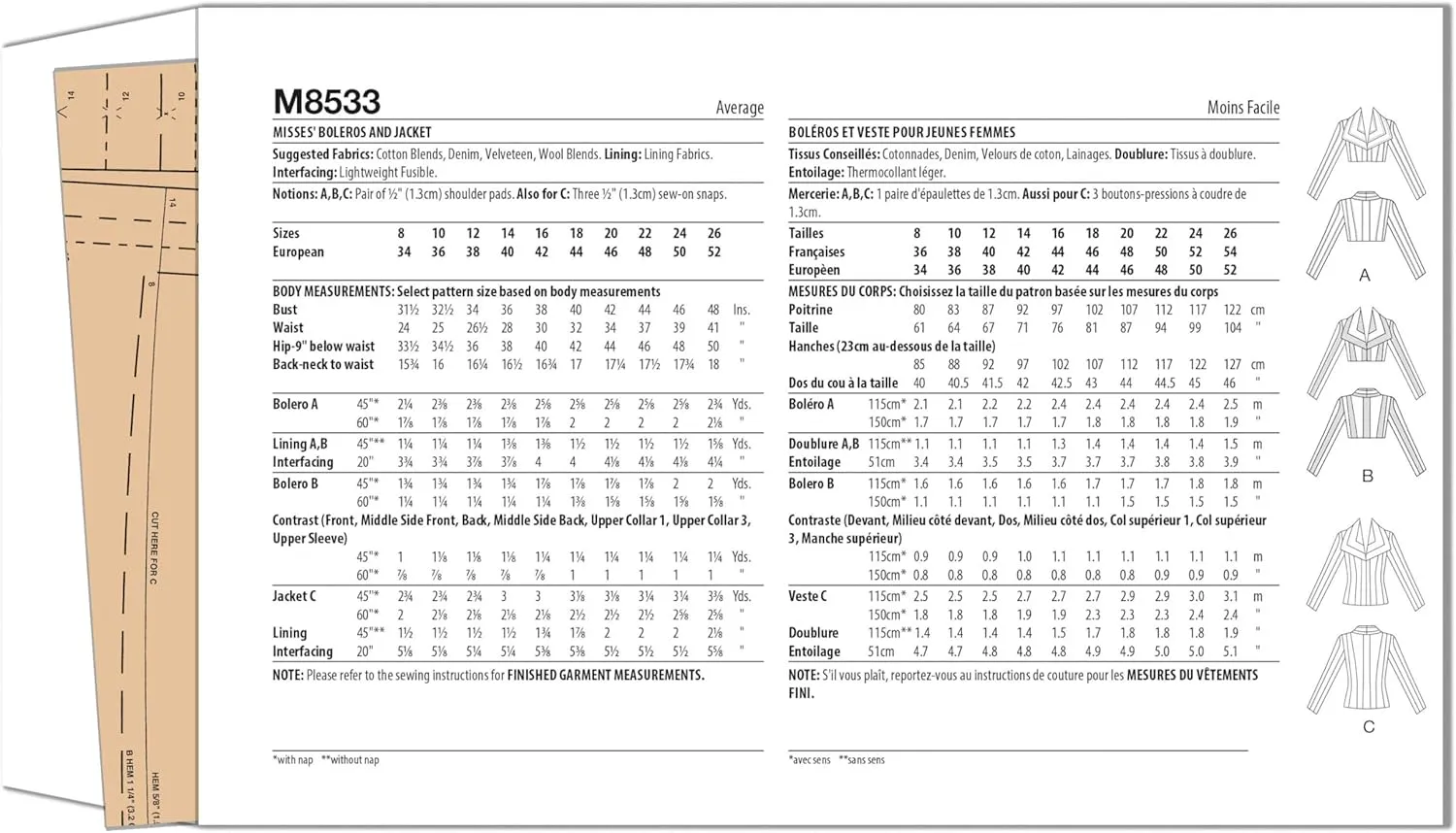 McCall's M8533K5 Misses' Boleros and Jacket Sewing Pattern Packet, Design Code M8533, Sizes 8-10-12-14-16