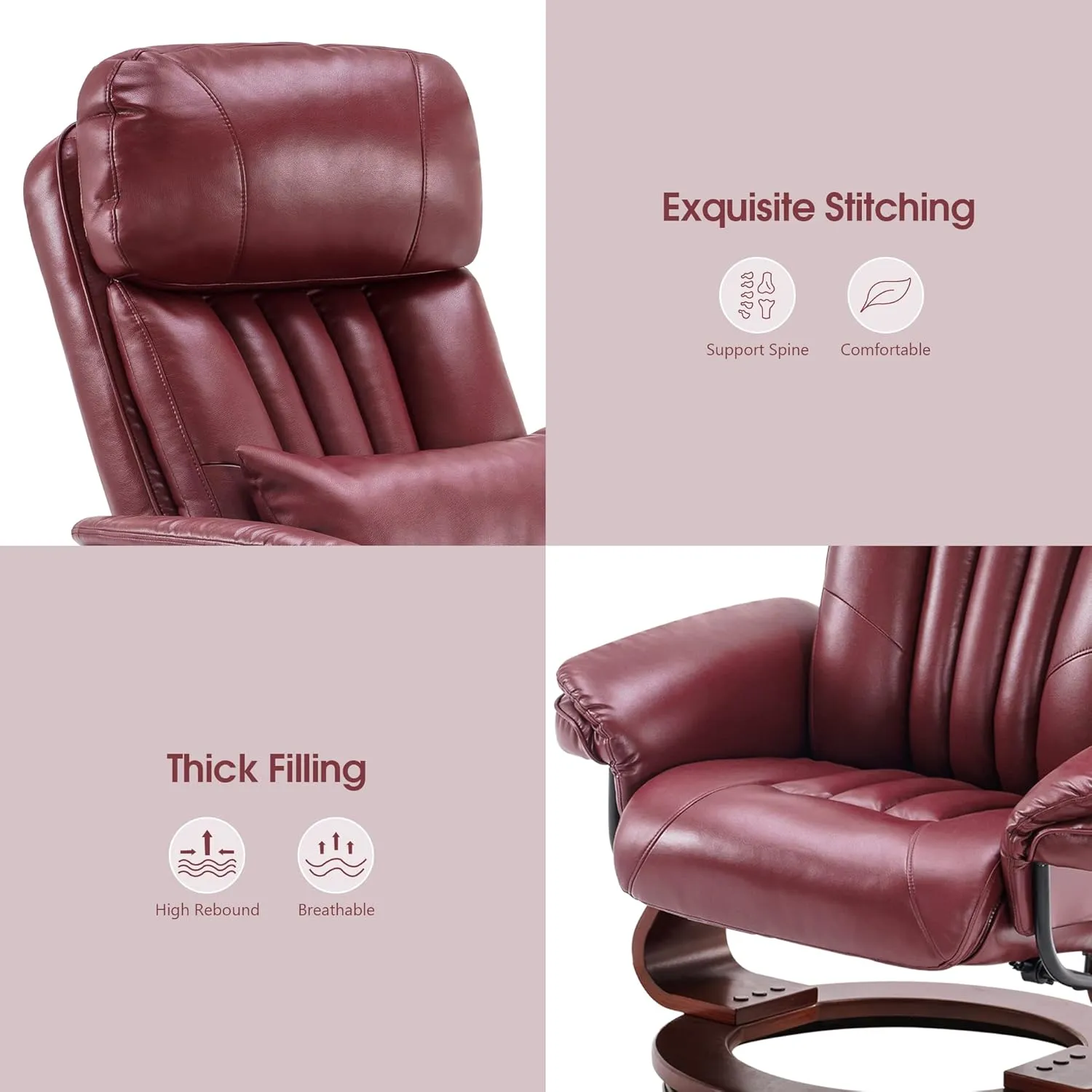 MCombo Swivel Recliner with Ottoman, Faux Leather TV Chair with Vibration Massage, Ideal for Small Space, Living Room & Bedroom (Faux Leather, Burgundy)
