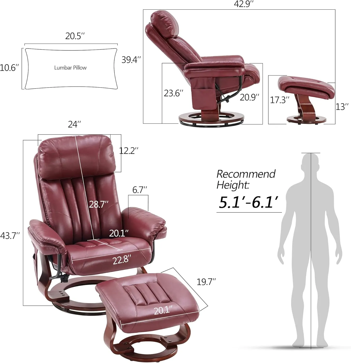 MCombo Swivel Recliner with Ottoman, Faux Leather TV Chair with Vibration Massage, Ideal for Small Space, Living Room & Bedroom (Faux Leather, Burgundy)