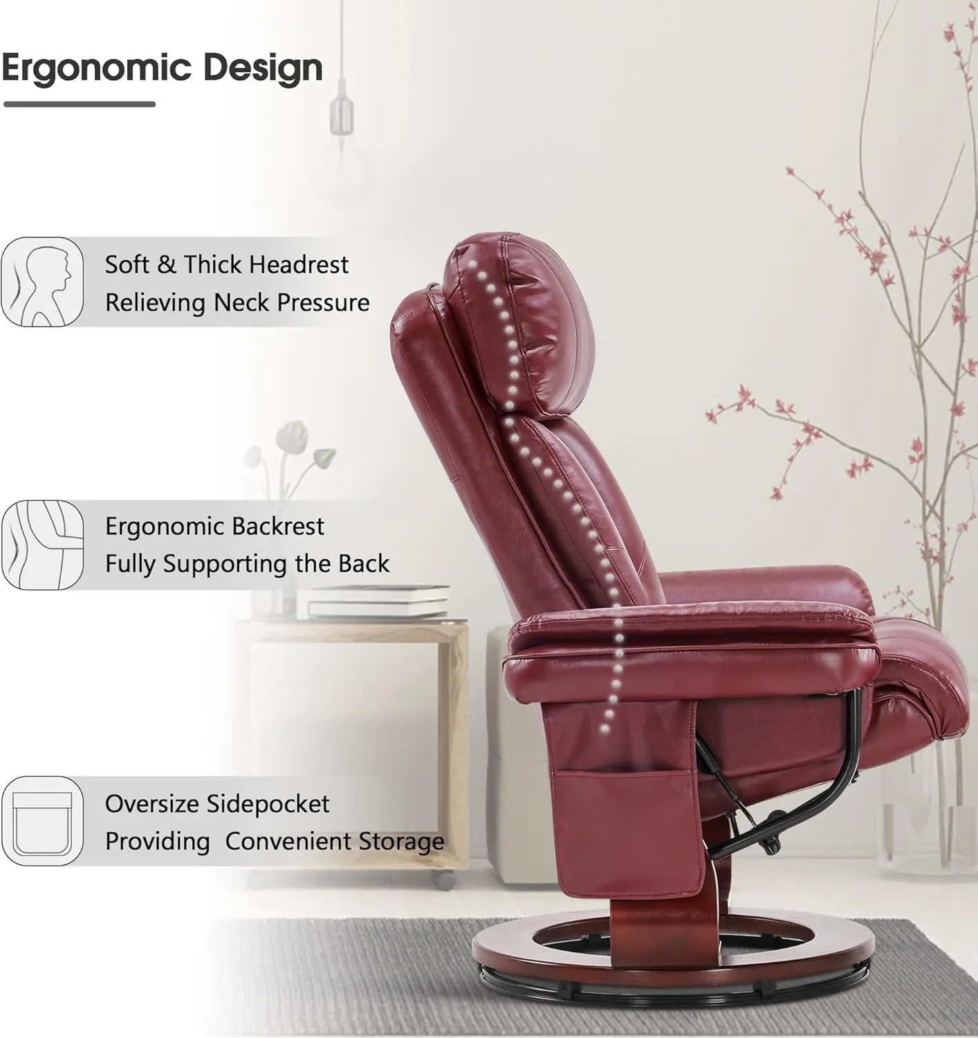 MCombo Swivel Recliner with Ottoman, Faux Leather TV Chair with Vibration Massage, Ideal for Small Space, Living Room & Bedroom (Faux Leather, Burgundy)