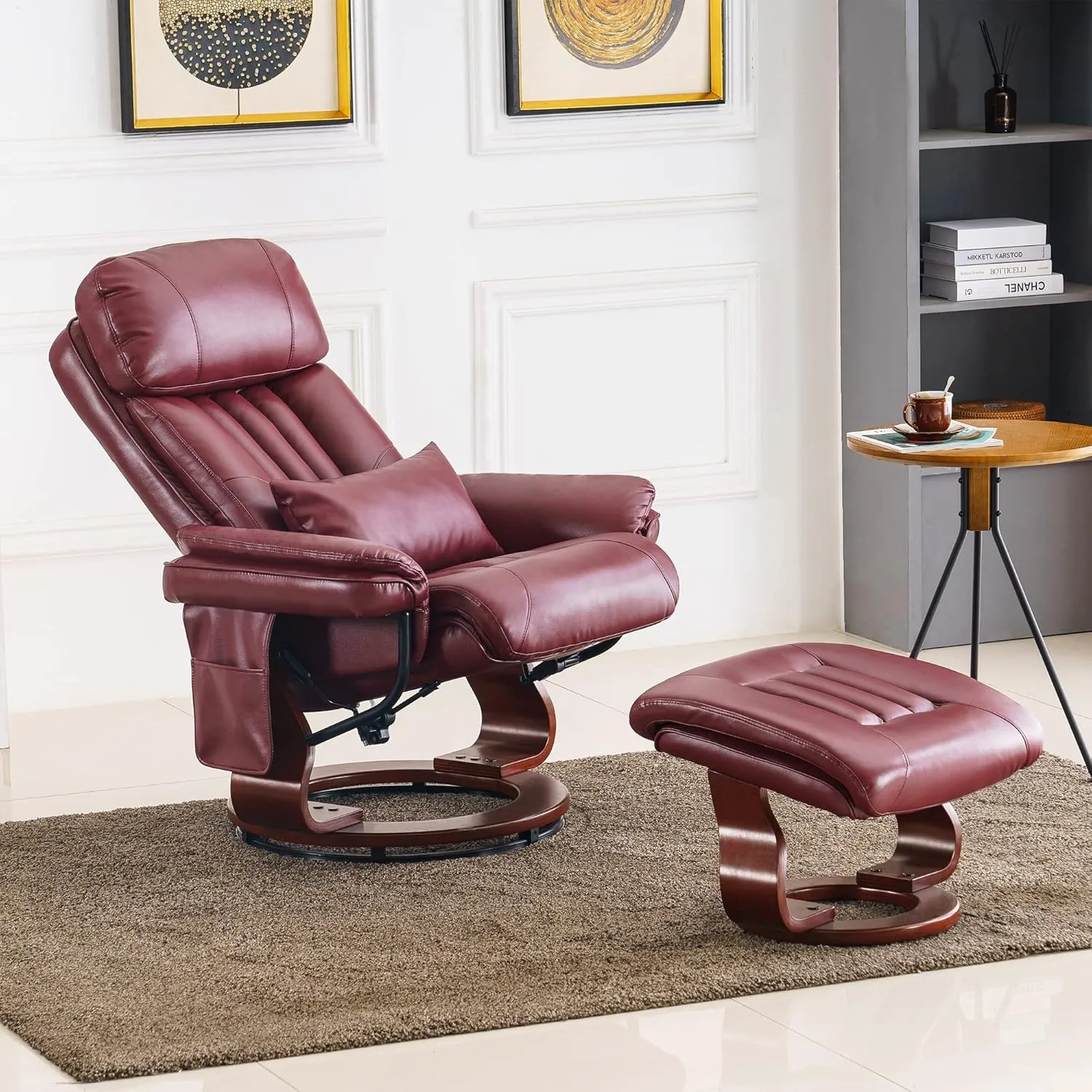 MCombo Swivel Recliner with Ottoman, Faux Leather TV Chair with Vibration Massage, Ideal for Small Space, Living Room & Bedroom (Faux Leather, Burgundy)