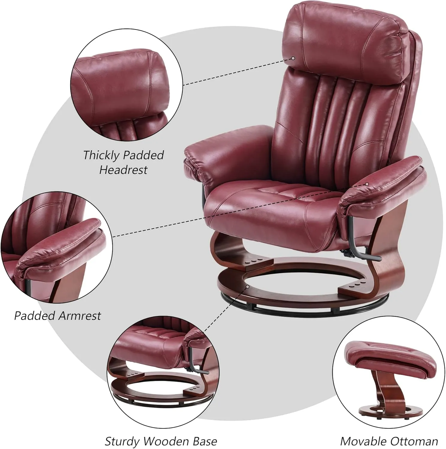 MCombo Swivel Recliner with Ottoman, Faux Leather TV Chair with Vibration Massage, Ideal for Small Space, Living Room & Bedroom (Faux Leather, Burgundy)