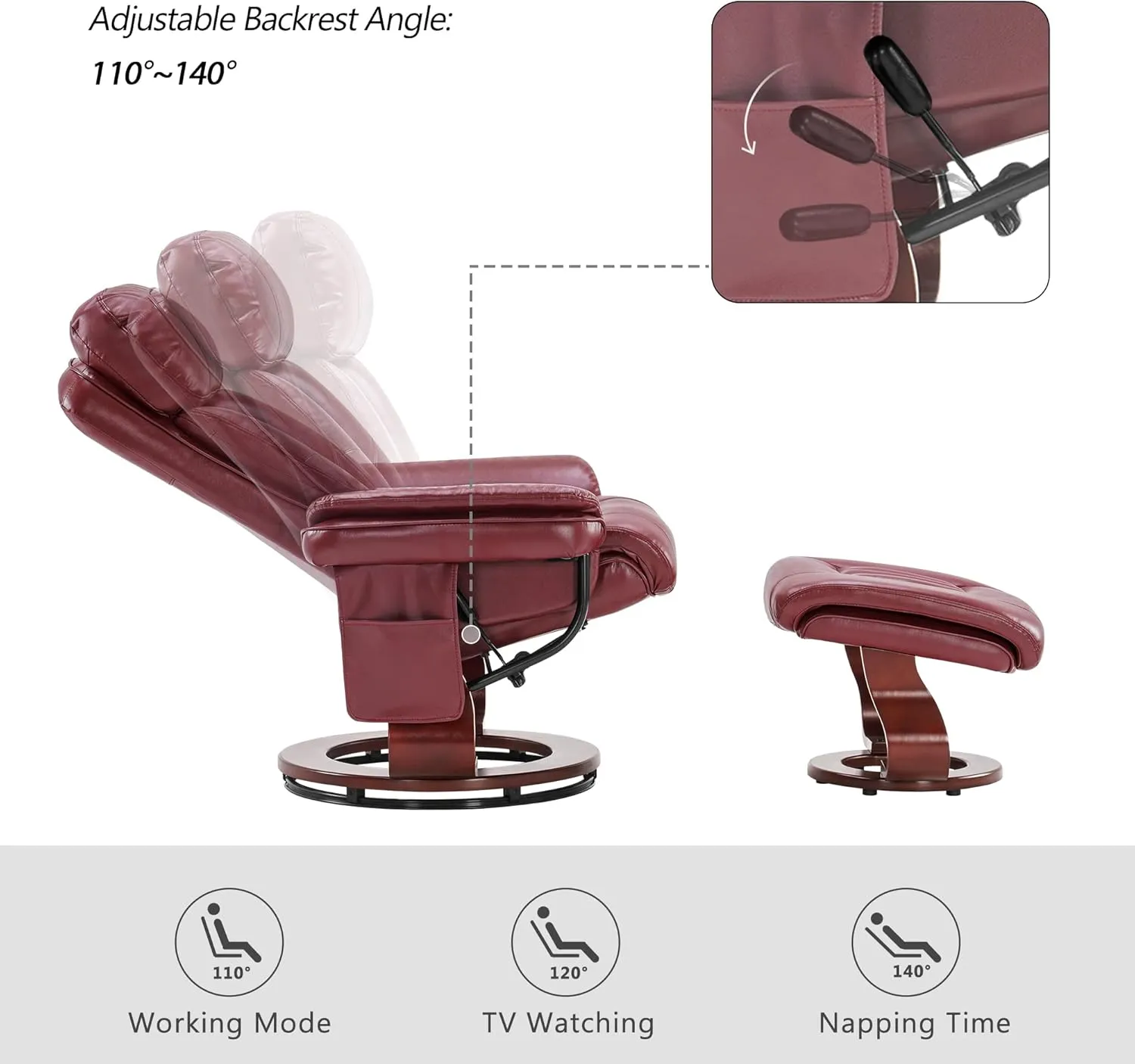 MCombo Swivel Recliner with Ottoman, Faux Leather TV Chair with Vibration Massage, Ideal for Small Space, Living Room & Bedroom (Faux Leather, Burgundy)