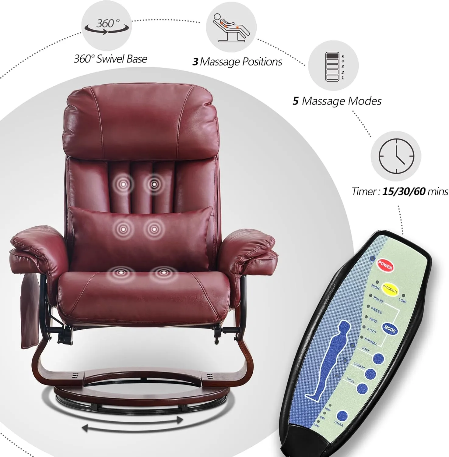MCombo Swivel Recliner with Ottoman, Faux Leather TV Chair with Vibration Massage, Ideal for Small Space, Living Room & Bedroom (Faux Leather, Burgundy)