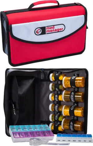Med Manager Large Medicine Organizer and Portable Medical Binder, Holds (15) Pill Bottles-(11) Standard Size and (4) Large Bottles, Includes Removable 6-Pocket File Folder, Black, 14 x 14 x 4 inches