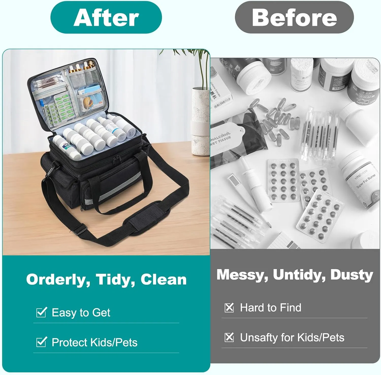 Medicine Organizer with Adjustable Divider, Double-Layer Medicine Bottle organizer Storage, Portable Home Health First Aid Bag, Medicine Organizer Box for Emergency Medications (Bag Only)