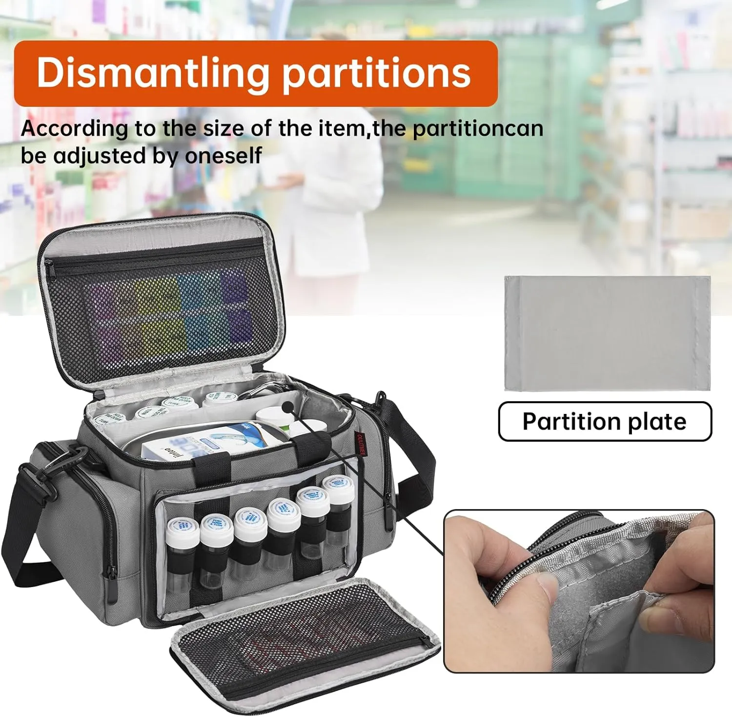 Medicine Storage Bag, Pill Bottle Organizer with Portable Small Pouch, Medication Bottle Organizer Empty with Shoulder Strap for Home Storage and Travel