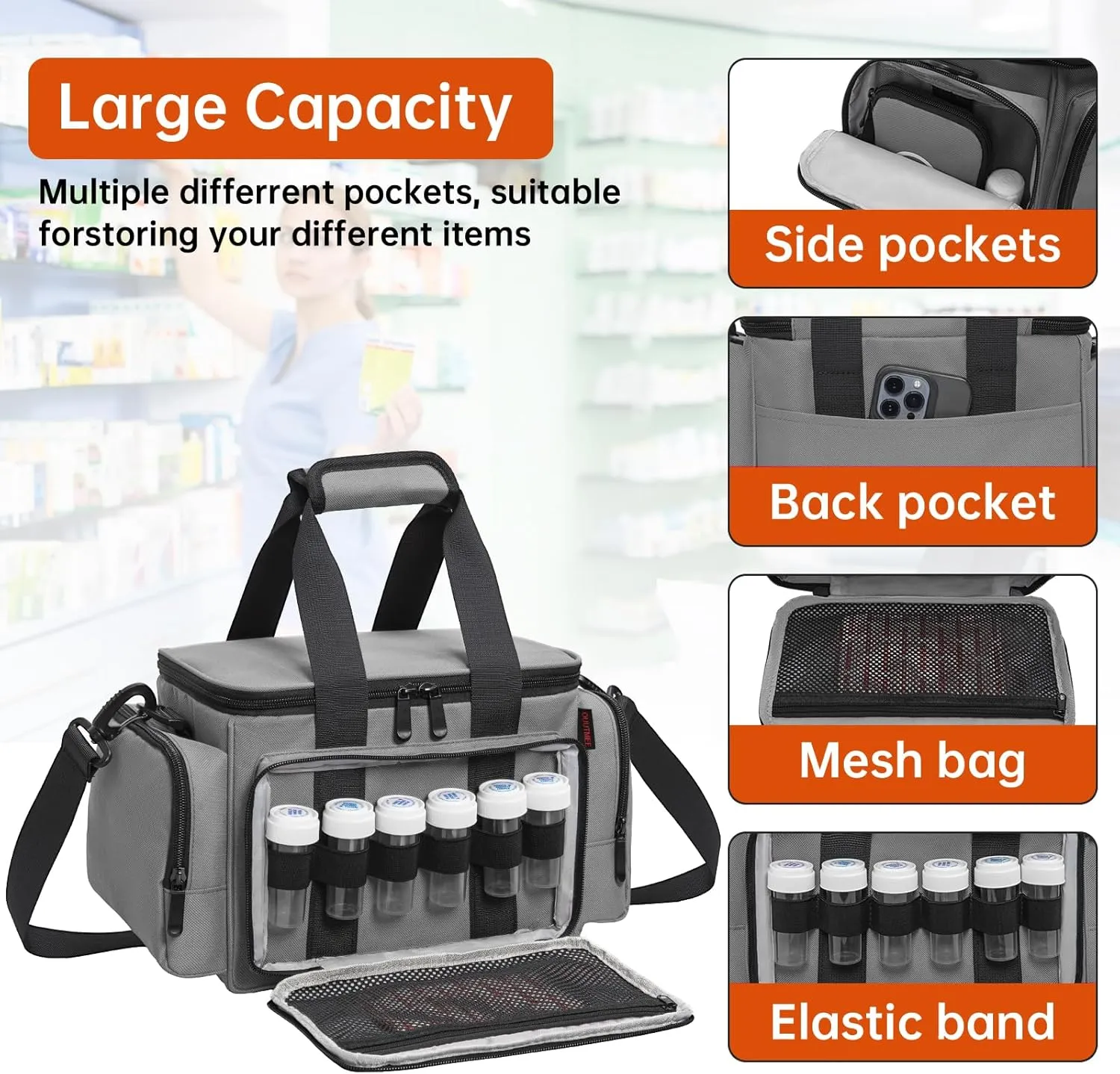 Medicine Storage Bag, Pill Bottle Organizer with Portable Small Pouch, Medication Bottle Organizer Empty with Shoulder Strap for Home Storage and Travel