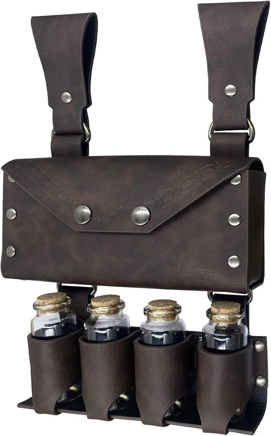 Medieval Alchemy Faux Leather Belt Bag with 4 Cork Potion Vials, Fantasy Wizard Waist Pouch Side Pack for Ren Faire Costumes, Renaissance Accessories Women