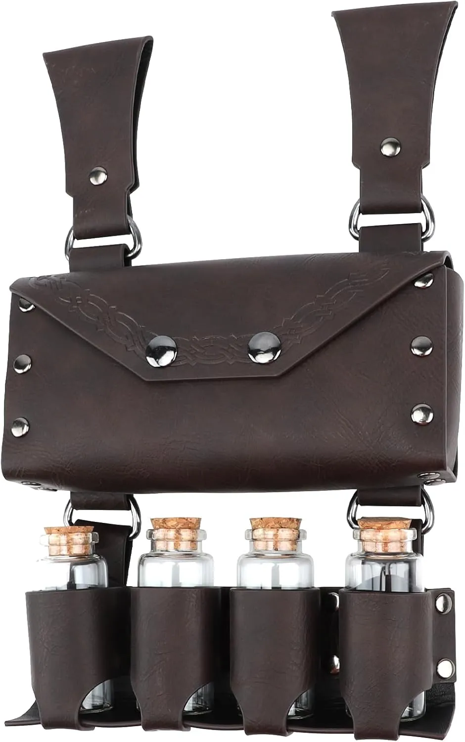 Medieval Alchemy Faux Leather Belt Bag with 4 Cork Potion Vials, Fantasy Wizard Waist Pouch Side Pack for Ren Faire Costumes, Renaissance Accessories Women
