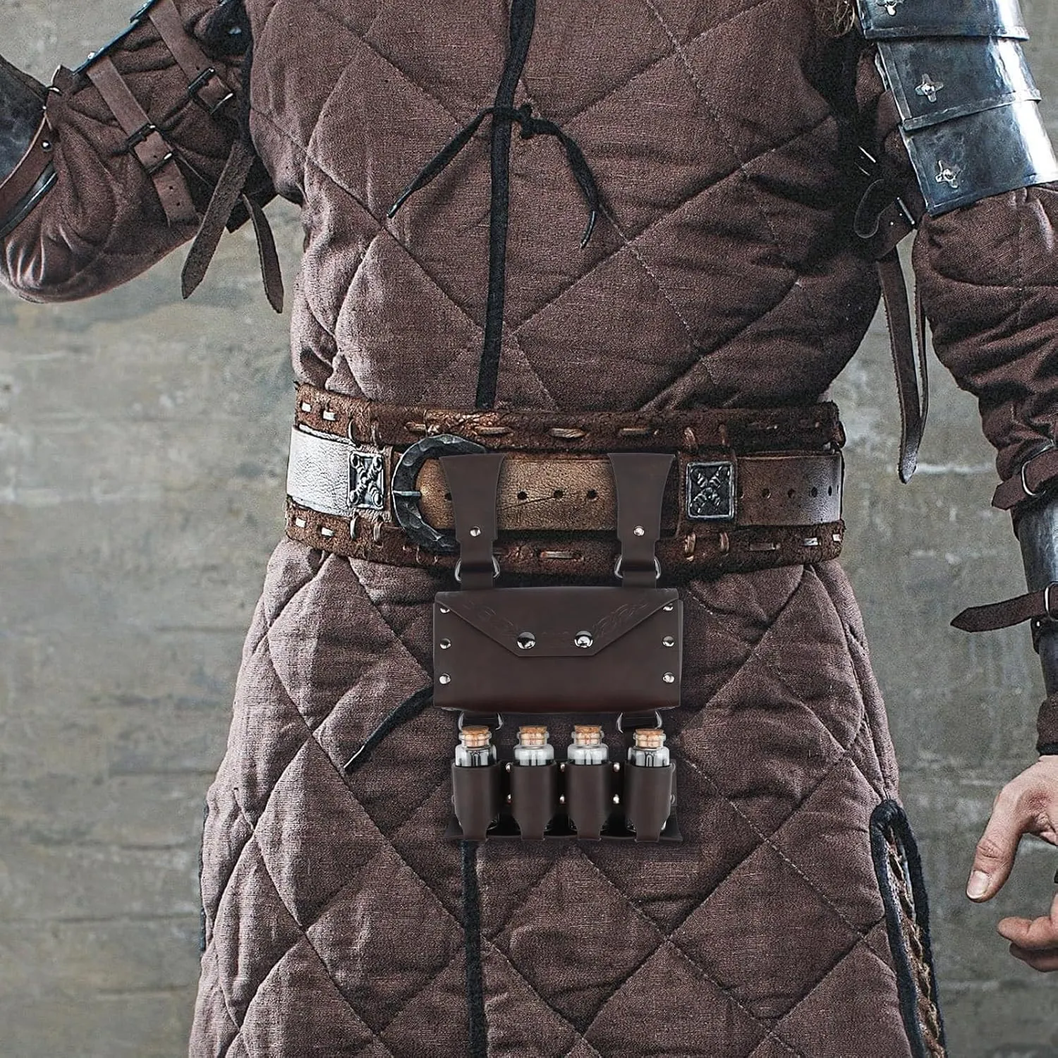 Medieval Alchemy Faux Leather Belt Bag with 4 Cork Potion Vials, Fantasy Wizard Waist Pouch Side Pack for Ren Faire Costumes, Renaissance Accessories Women