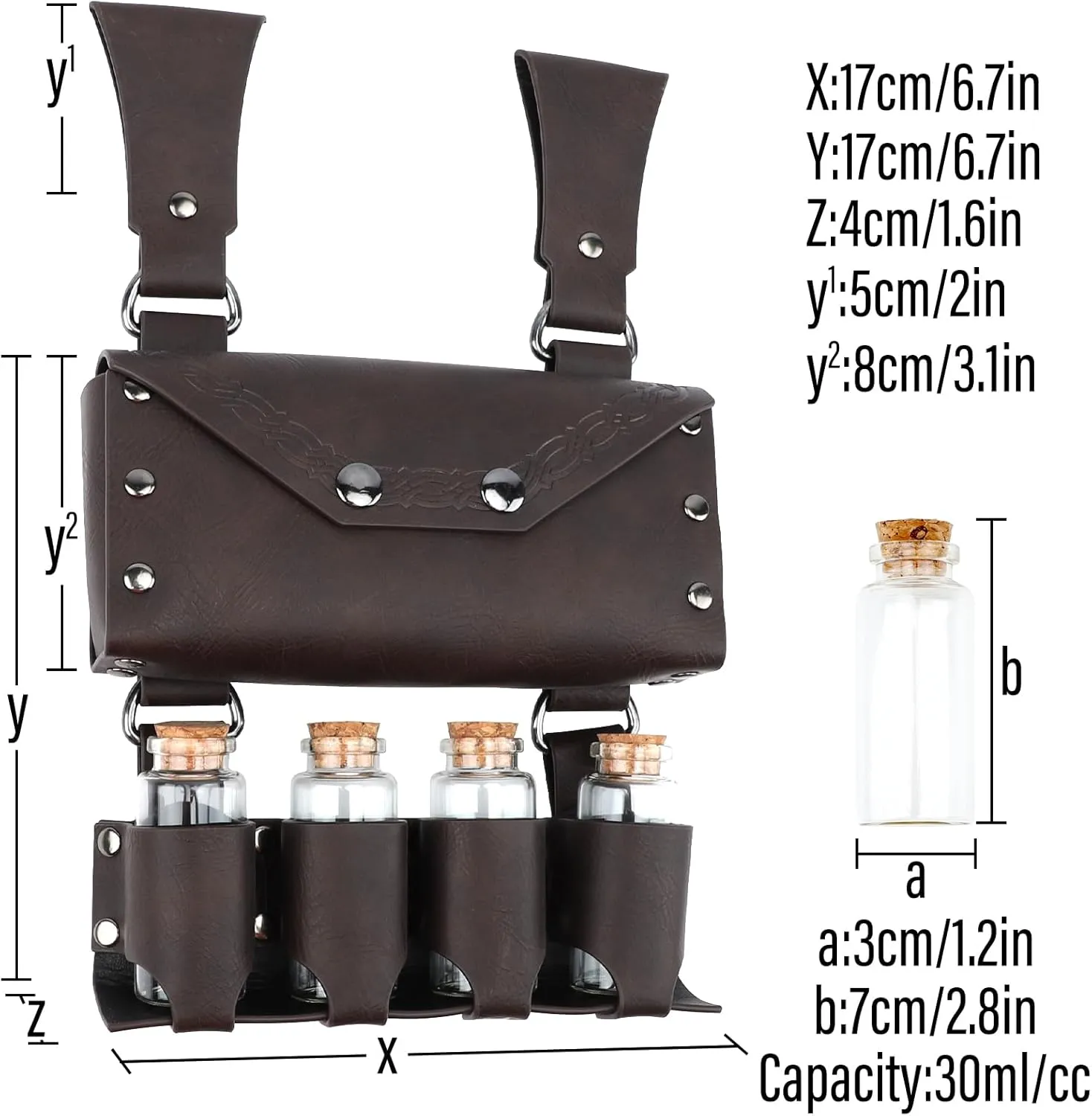 Medieval Alchemy Faux Leather Belt Bag with 4 Cork Potion Vials, Fantasy Wizard Waist Pouch Side Pack for Ren Faire Costumes, Renaissance Accessories Women